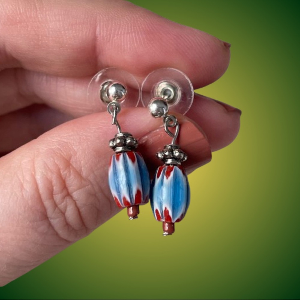 Vintage trade beads style chevron glass bead pierced drop earrings